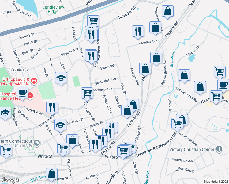 map of restaurants, bars, coffee shops, grocery stores, and more near 26 Holley Street Extension in Danbury