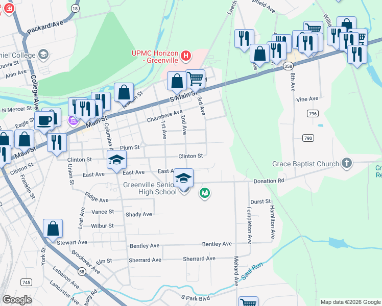 map of restaurants, bars, coffee shops, grocery stores, and more near 131 Clinton Street in Greenville