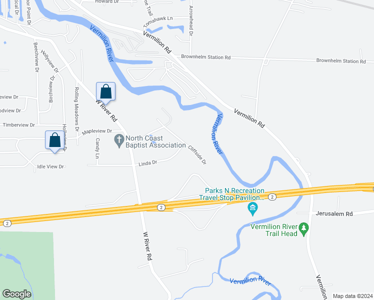 map of restaurants, bars, coffee shops, grocery stores, and more near 6800 Cliffside Drive in Vermilion