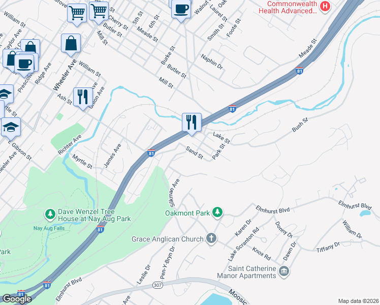 map of restaurants, bars, coffee shops, grocery stores, and more near 206 Sand And Kurtz Sts in Scranton