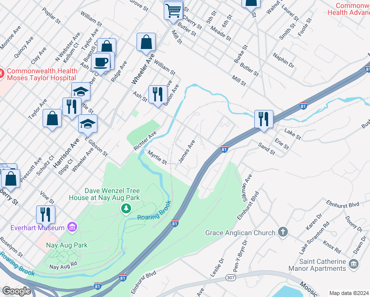 map of restaurants, bars, coffee shops, grocery stores, and more near 931 James Avenue in Scranton