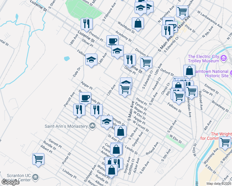 map of restaurants, bars, coffee shops, grocery stores, and more near 1170 West Elm Street in Scranton