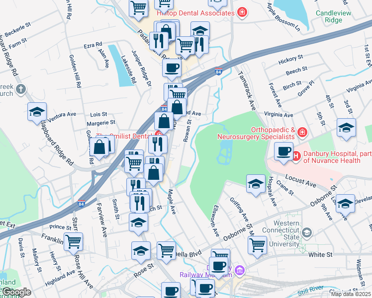 map of restaurants, bars, coffee shops, grocery stores, and more near 33 Rowan Street in Danbury