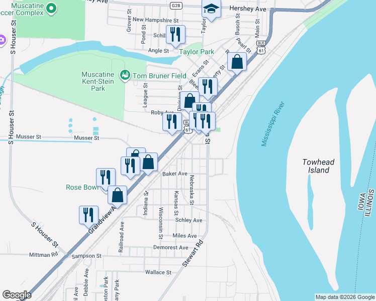 map of restaurants, bars, coffee shops, grocery stores, and more near 915 Nebraska Street in Muscatine