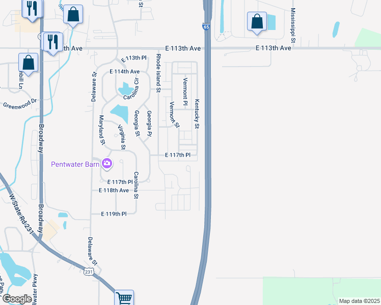 map of restaurants, bars, coffee shops, grocery stores, and more near 11498 Kentucky St in Crown Point