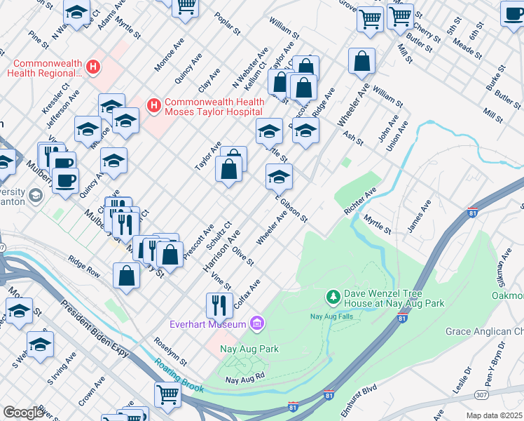 map of restaurants, bars, coffee shops, grocery stores, and more near 712 Harrison Avenue in Scranton