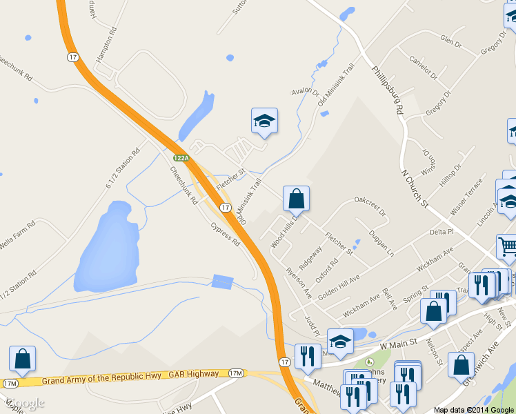 map of restaurants, bars, coffee shops, grocery stores, and more near 135 Old Minisink Trail in Goshen
