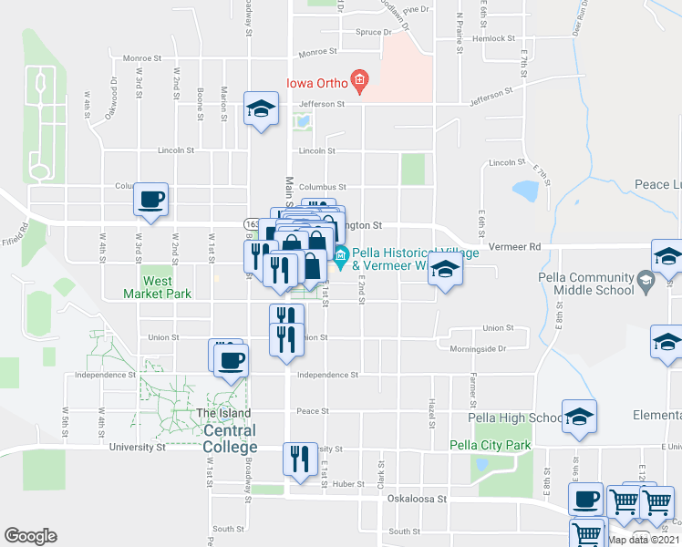 map of restaurants, bars, coffee shops, grocery stores, and more near 507 Franklin Street in Pella