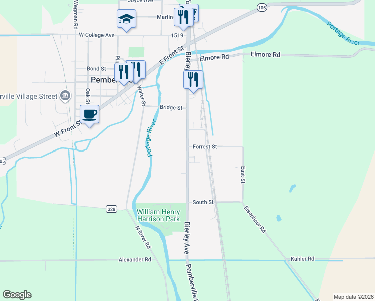 map of restaurants, bars, coffee shops, grocery stores, and more near 424 Pemberville Rd in Pemberville