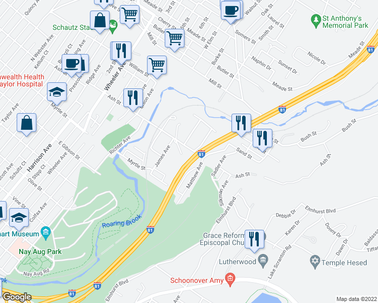 map of restaurants, bars, coffee shops, grocery stores, and more near 2310 Ash Street in Scranton