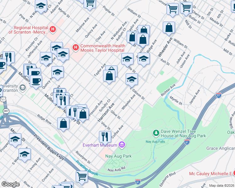 map of restaurants, bars, coffee shops, grocery stores, and more near 1522 Pine Street in Scranton