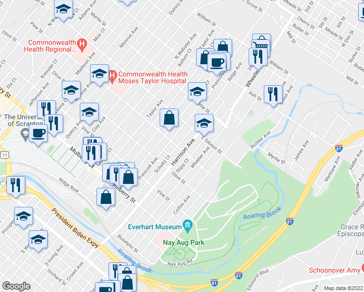 map of restaurants, bars, coffee shops, grocery stores, and more near 1521 Pine Street in Scranton