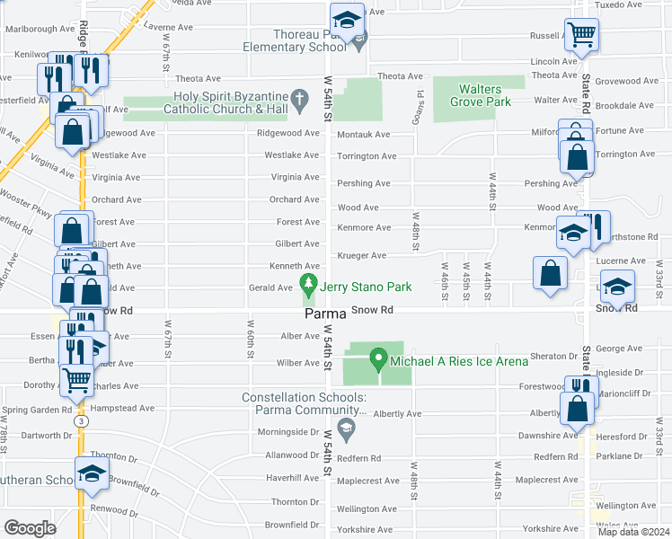 map of restaurants, bars, coffee shops, grocery stores, and more near 5737 West 54th Street in Cleveland