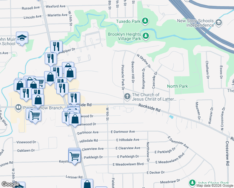 map of restaurants, bars, coffee shops, grocery stores, and more near 221 Rockside Road in Seven Hills