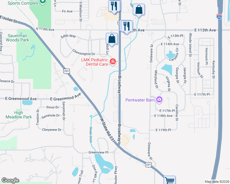 map of restaurants, bars, coffee shops, grocery stores, and more near 11690 Broadway in Crown Point