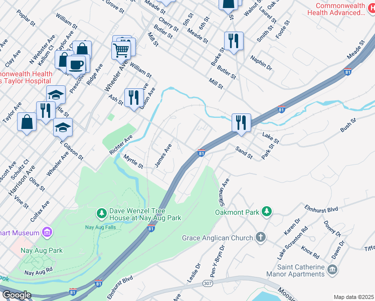 map of restaurants, bars, coffee shops, grocery stores, and more near 2310 Ash Street in Scranton
