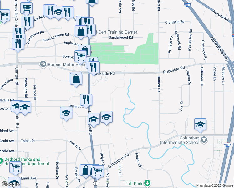map of restaurants, bars, coffee shops, grocery stores, and more near 401 Mortimer Drive in Bedford