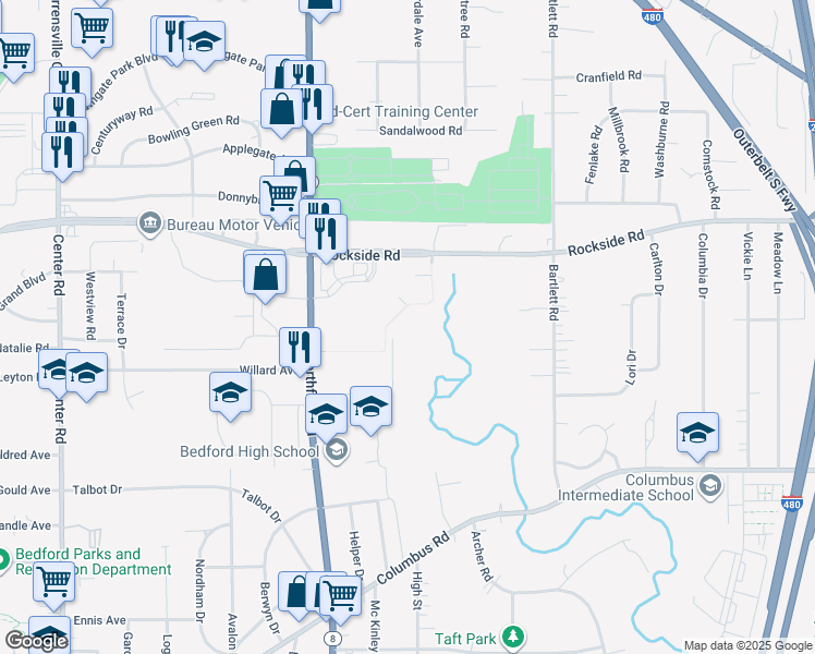 map of restaurants, bars, coffee shops, grocery stores, and more near 401 Mortimer Drive in Bedford