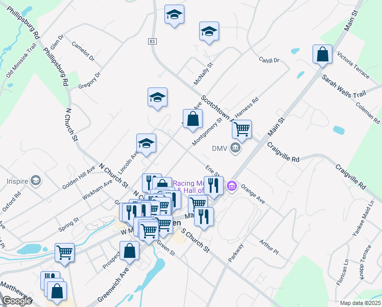map of restaurants, bars, coffee shops, grocery stores, and more near 40 Erie Street in Goshen