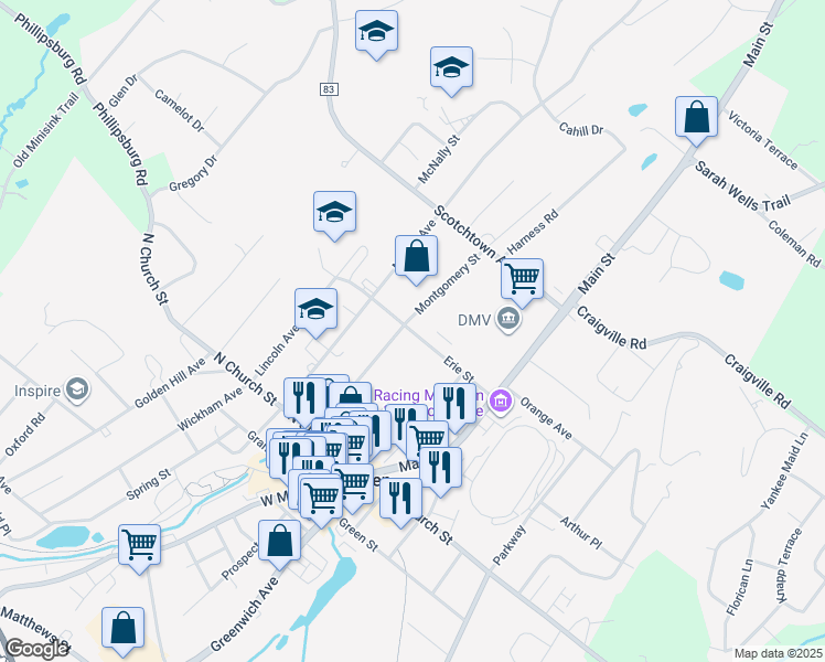 map of restaurants, bars, coffee shops, grocery stores, and more near 40 Erie Street in Goshen