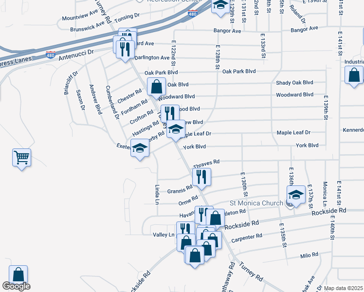 map of restaurants, bars, coffee shops, grocery stores, and more near 5761 Turney Road in Garfield Heights
