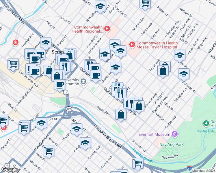 map of restaurants, bars, coffee shops, grocery stores, and more near in Scranton