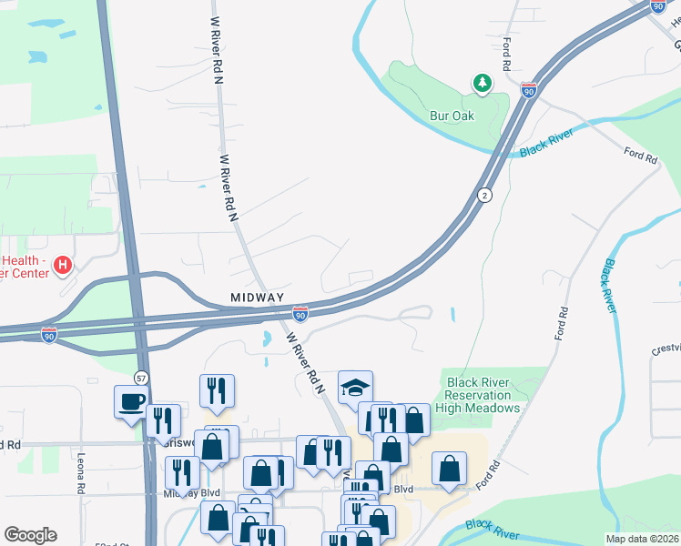 map of restaurants, bars, coffee shops, grocery stores, and more near 2425 West River Road North in Elyria