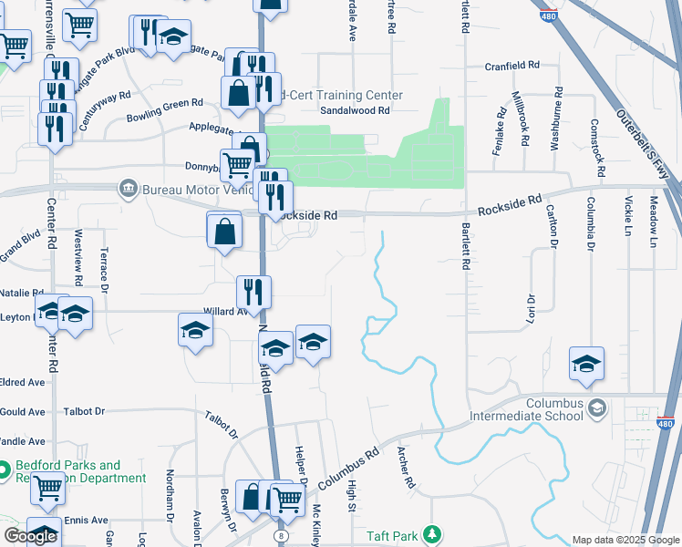 map of restaurants, bars, coffee shops, grocery stores, and more near 401 Mortimer Drive in Bedford