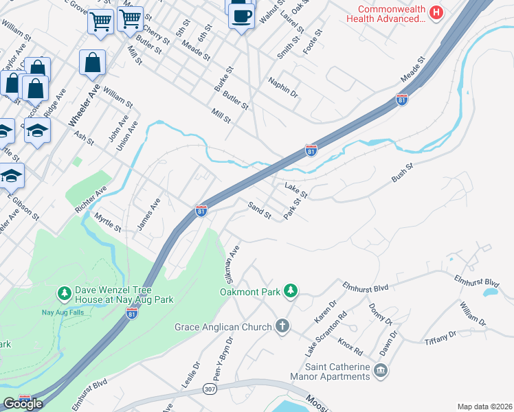map of restaurants, bars, coffee shops, grocery stores, and more near 206 Sand And Kurtz Sts in Scranton