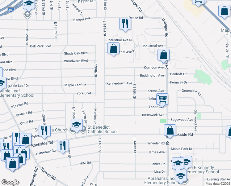 map of restaurants, bars, coffee shops, grocery stores, and more near 14222 Krems Avenue in Maple Heights