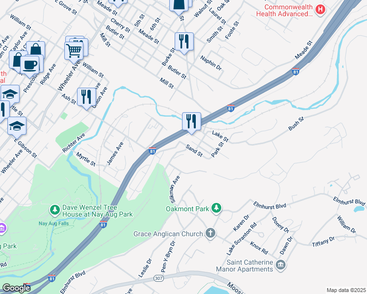 map of restaurants, bars, coffee shops, grocery stores, and more near 1000 Sadler Avenue in Scranton