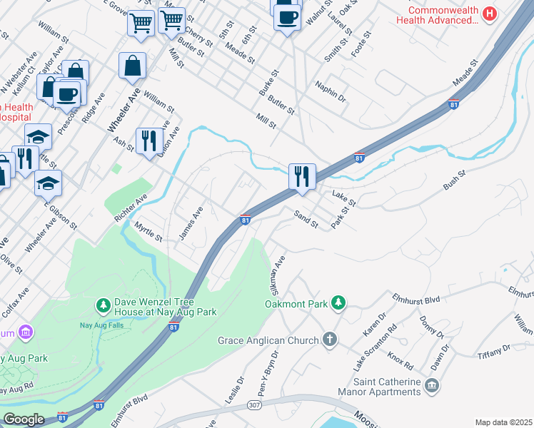 map of restaurants, bars, coffee shops, grocery stores, and more near 960 Matthew Avenue in Scranton