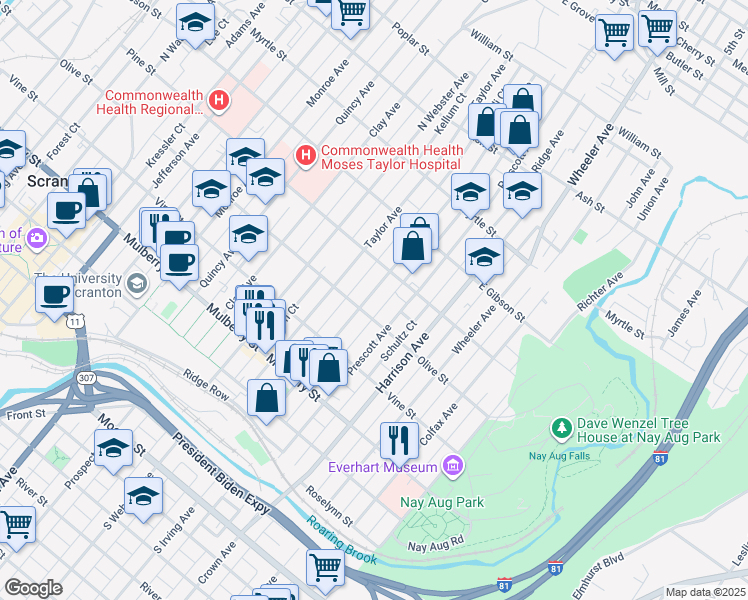 map of restaurants, bars, coffee shops, grocery stores, and more near 548 North Irving Avenue in Scranton
