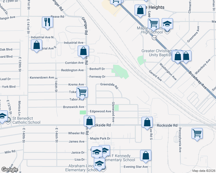 map of restaurants, bars, coffee shops, grocery stores, and more near 15605 Glenwood Avenue in Maple Heights