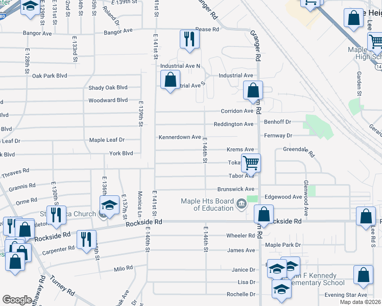 map of restaurants, bars, coffee shops, grocery stores, and more near 14511 Tokay Avenue in Maple Heights
