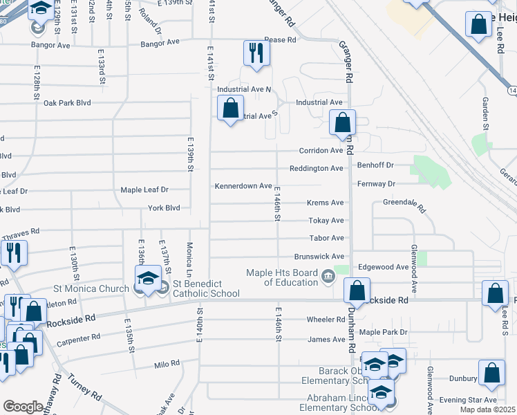 map of restaurants, bars, coffee shops, grocery stores, and more near 14511 Tokay Avenue in Maple Heights