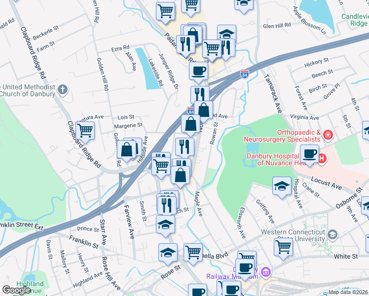 map of restaurants, bars, coffee shops, grocery stores, and more near 57 North Street in Danbury