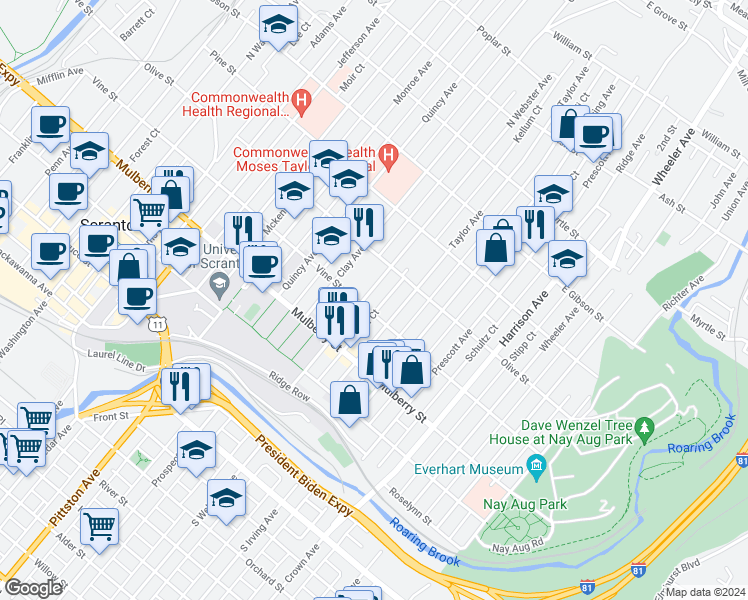map of restaurants, bars, coffee shops, grocery stores, and more near 500 North Webster Avenue in Scranton