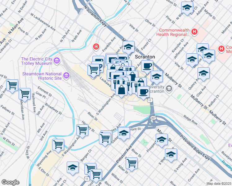 map of restaurants, bars, coffee shops, grocery stores, and more near 520 Lackawanna Avenue in Scranton