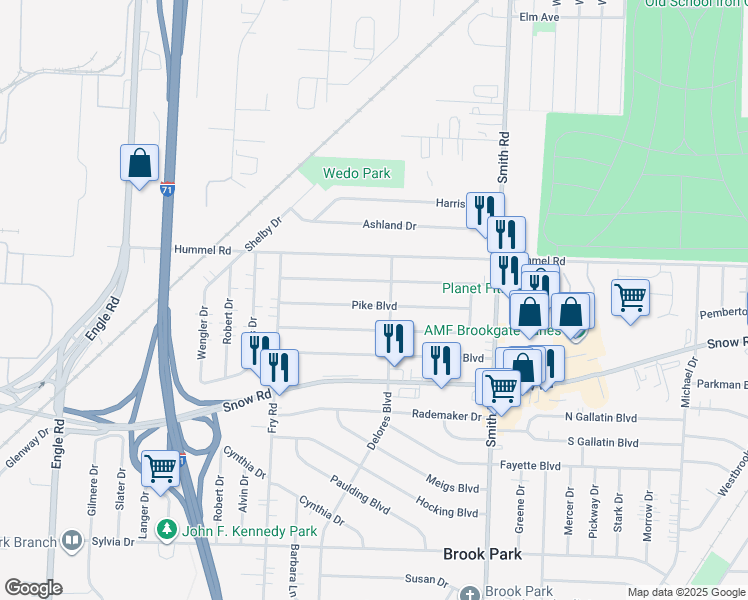 map of restaurants, bars, coffee shops, grocery stores, and more near 15789 Pike Boulevard in Brook Park