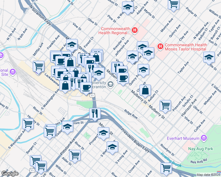 map of restaurants, bars, coffee shops, grocery stores, and more near 800 Linden Street in Scranton