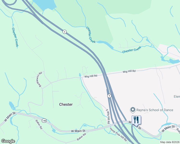 map of restaurants, bars, coffee shops, grocery stores, and more near 59 Wig Hill Road in Chester