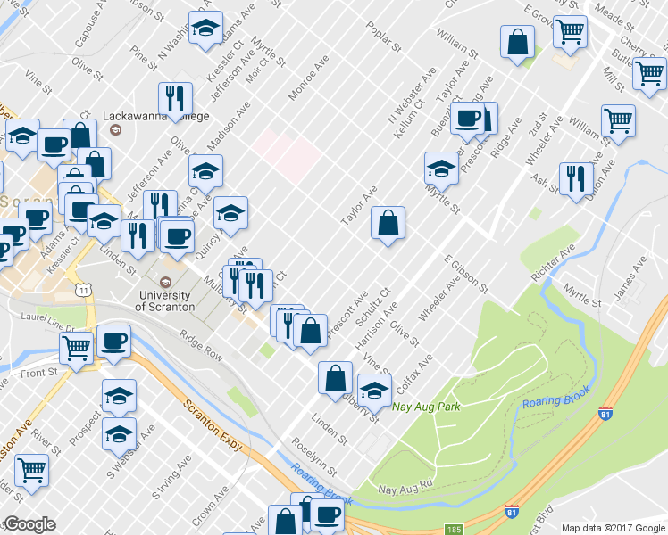 map of restaurants, bars, coffee shops, grocery stores, and more near 1323 Olive Street in Scranton
