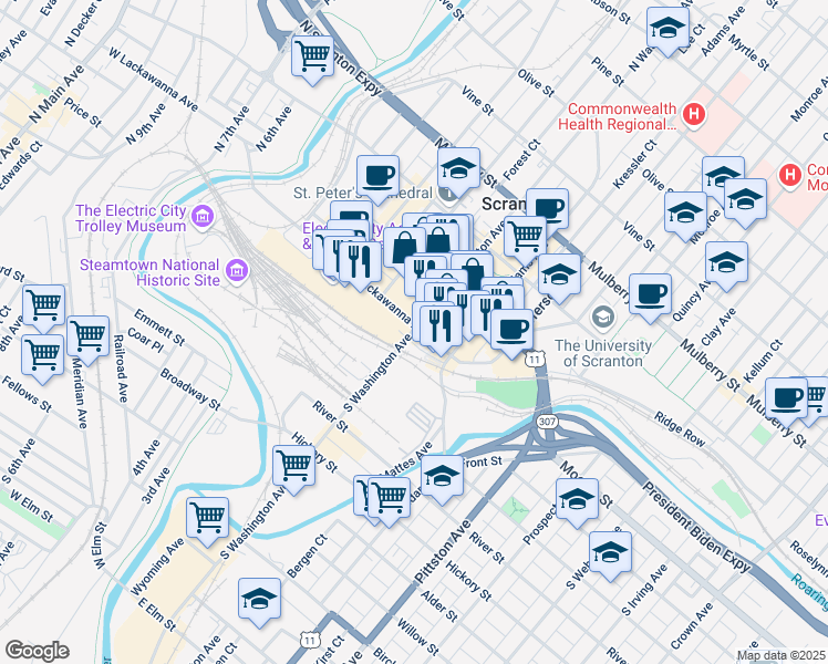 map of restaurants, bars, coffee shops, grocery stores, and more near 520 Lackawanna Avenue in Scranton