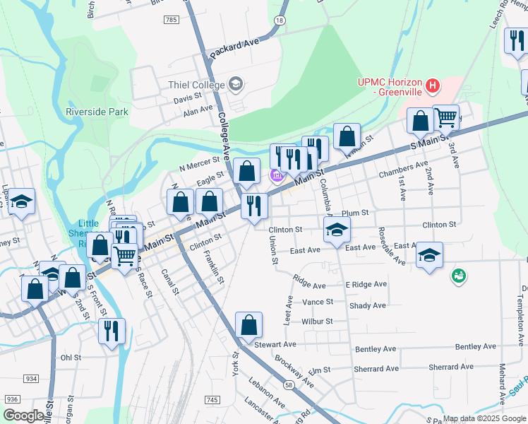 map of restaurants, bars, coffee shops, grocery stores, and more near 15 Union Street in Greenville