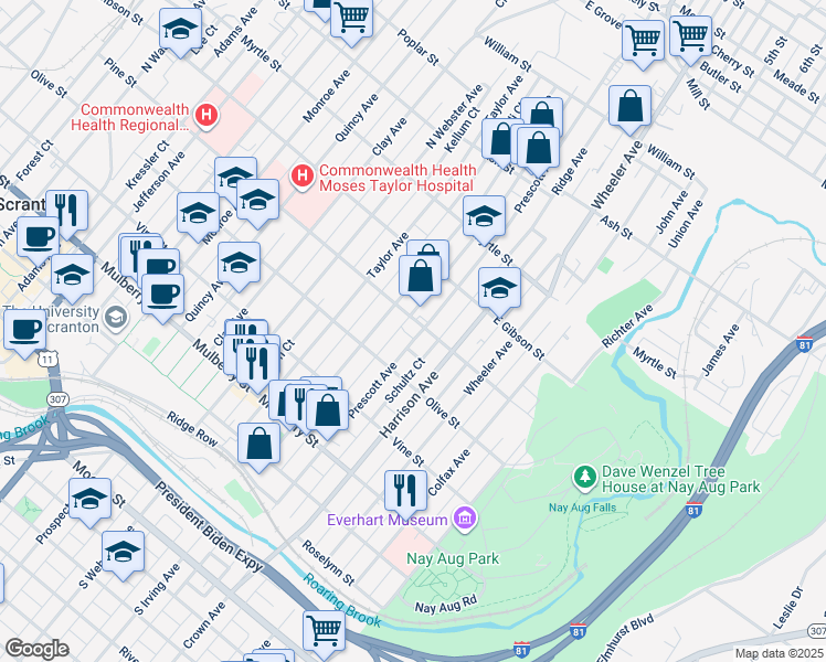map of restaurants, bars, coffee shops, grocery stores, and more near 622 Prescott Avenue in Scranton