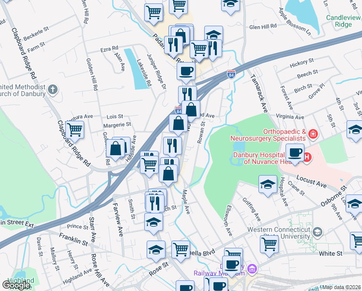 map of restaurants, bars, coffee shops, grocery stores, and more near 57 North Street in Danbury