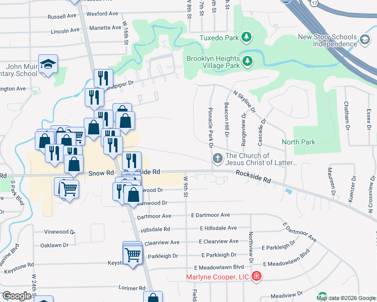 map of restaurants, bars, coffee shops, grocery stores, and more near 830 Old Rockside Road in Seven Hills