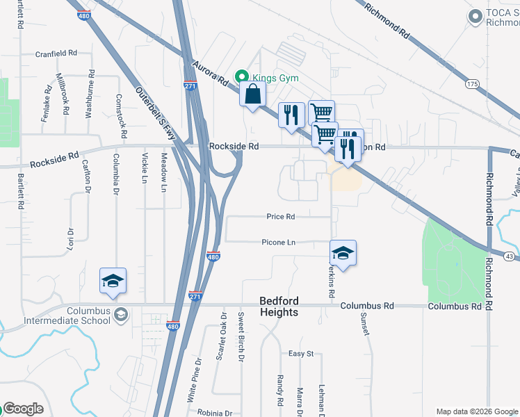 map of restaurants, bars, coffee shops, grocery stores, and more near 24980 Price Road in Bedford Heights