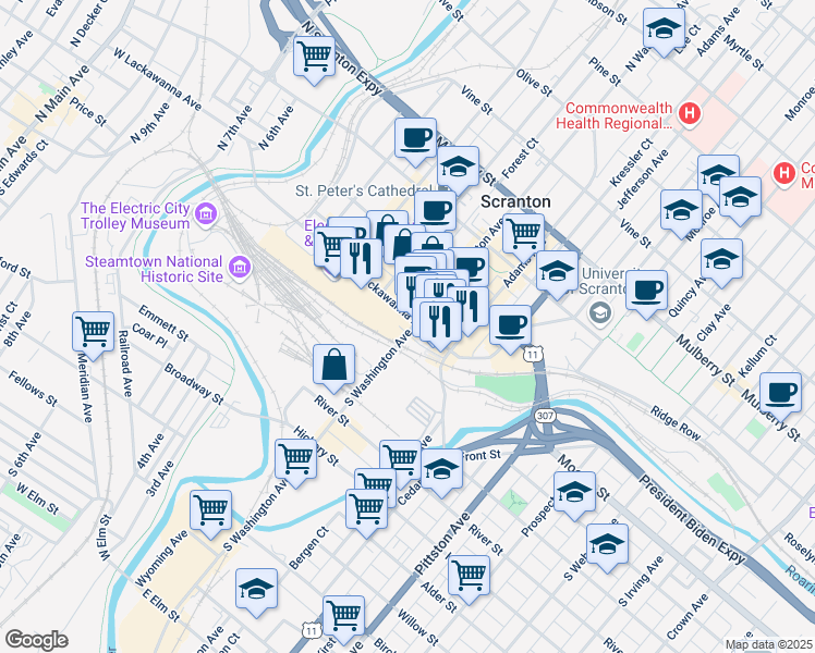 map of restaurants, bars, coffee shops, grocery stores, and more near 434 Lackawanna Avenue in Scranton